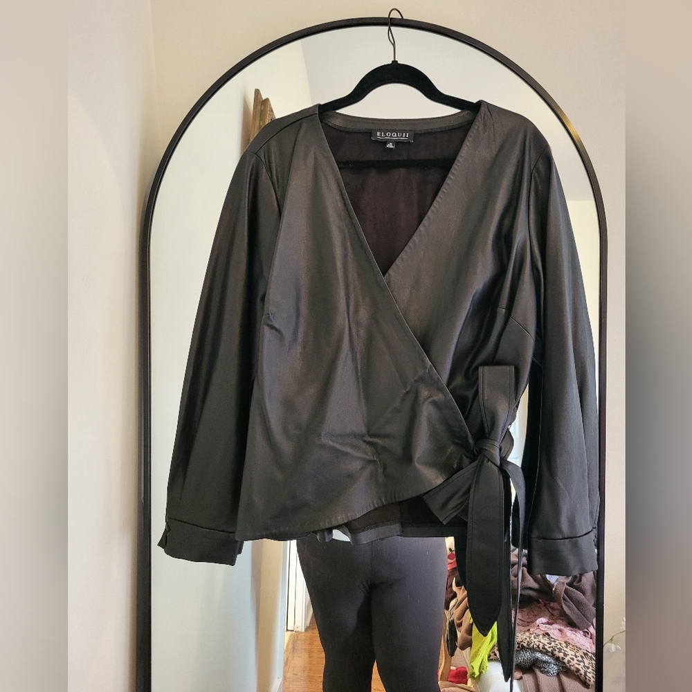 Eloquii Black Faux Leather Wrap Top